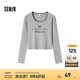 森馬（Semir）【甜心女高】長(cháng)袖t恤女短款緊身蕾絲花邊上衣24新款甜美印花外穿 淺花灰00202 170/92A/XL