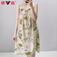 雅鹿棉綢睡裙女夏季吊帶睡衣感可外穿家居服新中式國風(fēng)連衣裙薄款 水墨藍(lán)MJ寬吊帶裙 均碼 (80-145斤可穿)