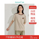 茵曼休閑條紋刺繡T恤夏季女裝百搭寬松撞色圓領(lǐng)短袖上衣 咖色-杏色 XL
