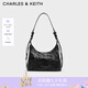 CHARLES&KEITH褶皺油蠟皮手提單肩腋下包女生日禮物七夕禮物CK2-40271360 Noir黑色 M