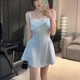 微光里法式吊帶連衣裙女2025夏季新款條紋拼接假兩件a字襯衫裙清純?nèi)棺?藍(lán)色 M