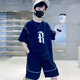 哈羅小黃鴨 HAL.DUCK男童套裝夏裝2025新款中大童網(wǎng)紅酷帥男孩夏季兒童短袖短褲薄款潮 藏青色 120 cm