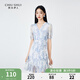 秋水伊人泡泡袖連衣裙夏季新款女裝V領(lǐng)優(yōu)雅碎花田園裙子 淺藍 M