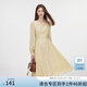 范思藍(lán)恩秋季克拉戀人法式方領(lǐng)連衣裙女秋裝新款微皺肌理感A字高腰顯瘦裙 黃色 S