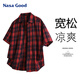 NASA GOOD短袖襯衫男夏季潮牌美式復(fù)古格子翻領(lǐng)半袖百搭休閑襯衣 紅L