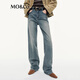 MO&Co.牛仔褲2025秋新品雙芯牛仔重工洗水高光微彈直筒高腰MBE3JENT03 牛仔藍(lán)色 S 26