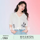 Basic House/百家好夏季新款減齡貓咪印花針織開衫V領短袖女上衣 月光白 XL 130-145斤