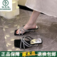 啄木鳥(niǎo)法式?jīng)鐾闲嫫ね獯└?025夏季新款粗跟水鉆舒適露趾一字拖鞋 銀色 35