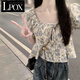 LPOX法式甜美短袖女夏季小個子泡泡袖別致時尚小碎花短款上衣 夏季上衣 M (建議100-110斤)