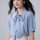 賽狄芙女裝氣質(zhì)兩件套時(shí)尚套裝雪紡飄帶蝴蝶結夏季上衣教師面試夏裝短袖 藍色襯衫 S 【建議80-90斤】