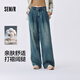 森馬（Semir）牛仔褲女純棉寬松闊腿褲顯瘦潮流秋季松弛感打褶長(cháng)褲腰帶復古 牛仔黃泥染80325 L