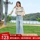 百圖betu女裝2025夏季新款毛針織衫時(shí)尚條紋間色鏤空短袖上衣2503T07 綠條紋 L