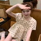 妙奕嘉短袖t恤女夏季新款襯衫女士襯衣正肩上衣顯瘦遮肚子時尚甜美寬松 淡黃色褶皺甜美蝴蝶結印花短袖 M 【建議85-115斤】
