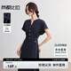 尚都比拉翻邊袖V領(lǐng)氣質(zhì)連衣裙女夏季交叉腰帶撞色扣A字裙修身顯瘦中長(cháng)裙