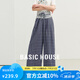 百家好（Basic House）Basic House/百家好2025夏季新款撞色蕾絲邊設(shè)計感格子休閑長褲女 藏青色 XL