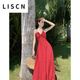 LISCN性感時(shí)尚露背收腰吊帶連衣裙度假風(fēng)顯身材顯高長(cháng)裙2025女夏季 棗紅色 M