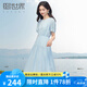 熙世界sllsky藍(lán)色亞麻連衣裙女2025夏季新款氣質(zhì)優(yōu)雅收腰圓領(lǐng)泡泡袖裙子 鹽水藍(lán) L