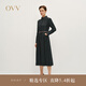 OVV2024秋冬新款女裝牛仔翻領(lǐng)羊毛隨附腰帶長(zhǎng)袖休閑連衣裙 藏青 M