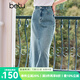 百圖betu女裝夏季新款半身裙高腰中開(kāi)叉燙鉆牛仔半身裙女2407T55 牛仔色 L