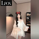 LPOX裙子女夏季2025新款甜美氣質蝴蝶結一字肩連衣裙小個子寬松A字裙 杏色短裙 M 建議體重98-115