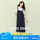 Basic House/百家好拼接撞色背帶設計感夏季新款短袖圓領(lǐng)連衣裙女 藏青色 L
