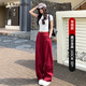 拉夏貝爾（La Chapelle）高腰休閑褲女春秋季新款拼接時尚簡約工裝褲百搭長褲 紅色 S