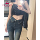 蜜樂(lè )奇辣妹復古翻邊牛仔褲女春秋新款小個(gè)子修身顯瘦微喇叭褲子拖地長(cháng)褲 藍色小個(gè)子款 145-155 M 【建議105-115斤】