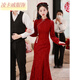 凌卡戚魚(yú)尾旗袍敬酒服新娘冬季高端大氣蕾絲長(cháng)袖結婚禮服紅裙訂婚 酒紅色長(cháng)袖長(cháng)款 M
