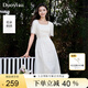 朵以（Duoyi）2025夏季新款氣質(zhì)立體刺繡花朵打攬系帶方領(lǐng)白色短袖連衣裙 梔子白 M