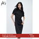 H's立領(lǐng)提花旗袍裙夏季新品女裝國風(fēng)盤扣抽褶改良新中式連衣裙子 黑色 M