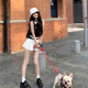 夢琪嵐學院風polo領修身針織套裝女夏季短款上衣小個子百褶短裙兩件套裝 黑色上衣+白色百褶裙 S 就90-105斤