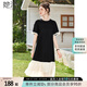 她池圓領(lǐng)連衣裙2025夏裝新款女裝時尚撞色拼接中長款A(yù)字裙
