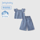 JELLYBABY[7A抗菌]女童牛仔套裝夏季寶寶純棉夏裝大童洋氣兩件套兒童衣服夏 牛仔藍 【7A抗菌】 110