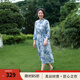 生活在左【100%桑蠶絲】?jī)?yōu)雅分印花氣質(zhì)連衣裙女裝A字中長(zhǎng)裙子 藍(lán)色 M