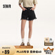 森馬牛仔褲女黑色毛邊綁帶夏高腰短褲109324122006