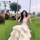 哥瑞美甜美吊帶連衣裙女夏季高級感溫柔風(fēng)初戀公主蛋糕裙收腰蓬蓬長裙子 米白色連衣裙 L