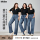 MsShe【重工燙鉆闊腿牛仔褲】大碼女裝2025春裝胖mm高腰直筒長(zhǎng)褲 牛仔中藍(lán)色現(xiàn)貨 3XL