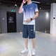 夏季冰絲休閑運動(dòng)套裝男短袖褲子潮流漸變兩件套青少年速干兩件裝 藍色漸變(2068#) 短褲套裝 M  80-100斤左右