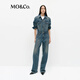 MO&Co.連體褲牛仔褲經(jīng)典懷舊洗磨棉質(zhì)高腰及地直筒磨邊MBE1JPS002 牛仔藍色 S /160