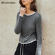 Olrain歐芮兒拼接簡(jiǎn)約設計感長(cháng)袖T恤女裝秋季新款撞色圓領(lǐng)上衣 灰色 M