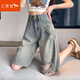紅蜻蜓破洞五分牛仔短褲女2025年夏季薄款女裝寬松中褲5分女士短褲女 藍色五分褲 M