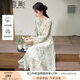 香影新中式綠色印花連衣裙女2025秋季新款系帶圓領收腰長袖碎花裙 綠色 S