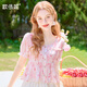 歌依妮2025夏季新款女裝甜美短款休閑百搭碎花衫雪紡衫短袖t恤上衣 粉色 S