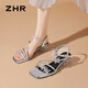 ZHR涼鞋女氣質(zhì)粗跟一字帶單涼鞋女優(yōu)雅水鉆細帶露趾女鞋 KN88 銀色37