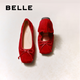 百麗（Belle）七夕禮物蝴蝶結(jié)平底便鞋2025春新真皮質(zhì)感淺口單鞋B2434AQ5 酒紅-絨面 37 (235mm)
