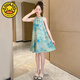 哈羅小黃鴨 HAL.DUCK女童旗袍夏季薄款洋氣兒童2025新款夏裝中國風(fēng)連衣裙掛脖吊帶裙子X(jué)G038江山圖水墨畫(huà)旗袍裙綠色露120 cm