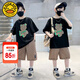 G.DUCKKIDS童裝男童夏裝套裝兒童衣服中大童夏季薄款透氣男孩短袖短褲休閑裝 黑色小熊款 150 尺碼11~12歲【140-150cm】