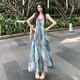 木清清法式超好看獨(dú)特漂亮吊帶連衣裙女夏甜美小眾度假油畫暈染雪紡長裙 綠色連衣裙 L