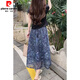 皮爾卡丹（pierre cardin）氣質(zhì)天絲亞麻高腰半身裙女夏2025顯瘦中長(zhǎng)碎花a字裙遮胯大擺紗裙 藍(lán)色 XL 130到145斤