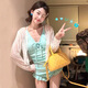 麓格立泳衣女2025新款連體長袖帶罩衫遮肉顯瘦小胸少女學(xué)生高級度假泳裝 蕾絲外衫泳衣【綠色】